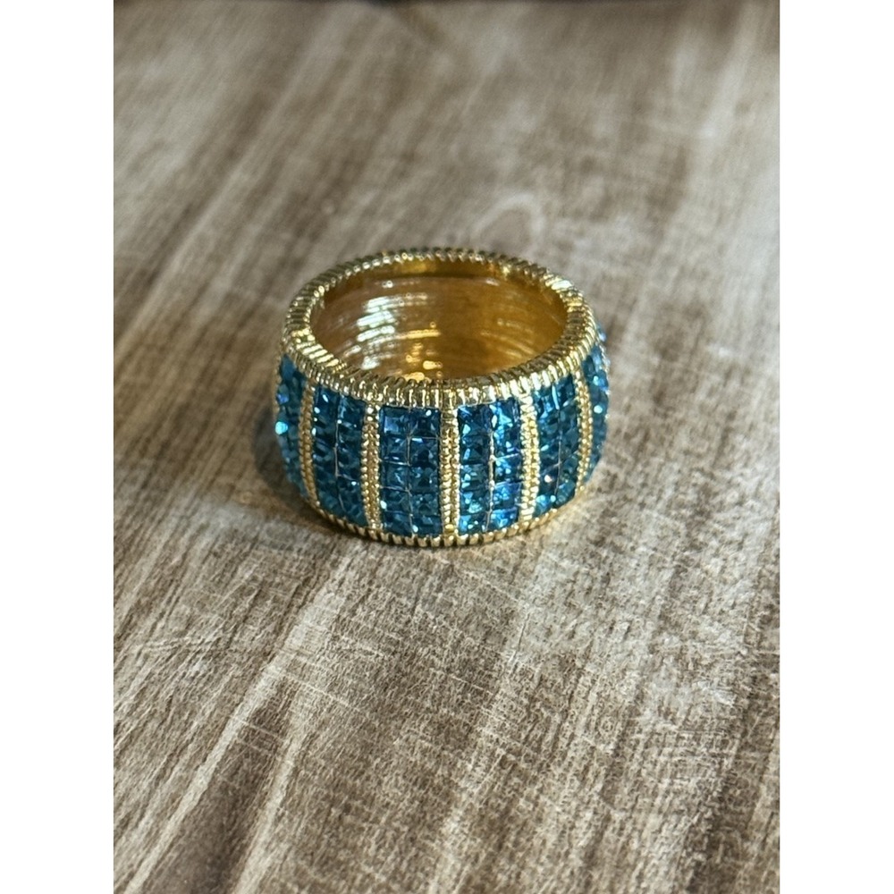 Wide Gold Tone Band Ring Blue‎ Rhinestone Crystal Statement Size 7.5